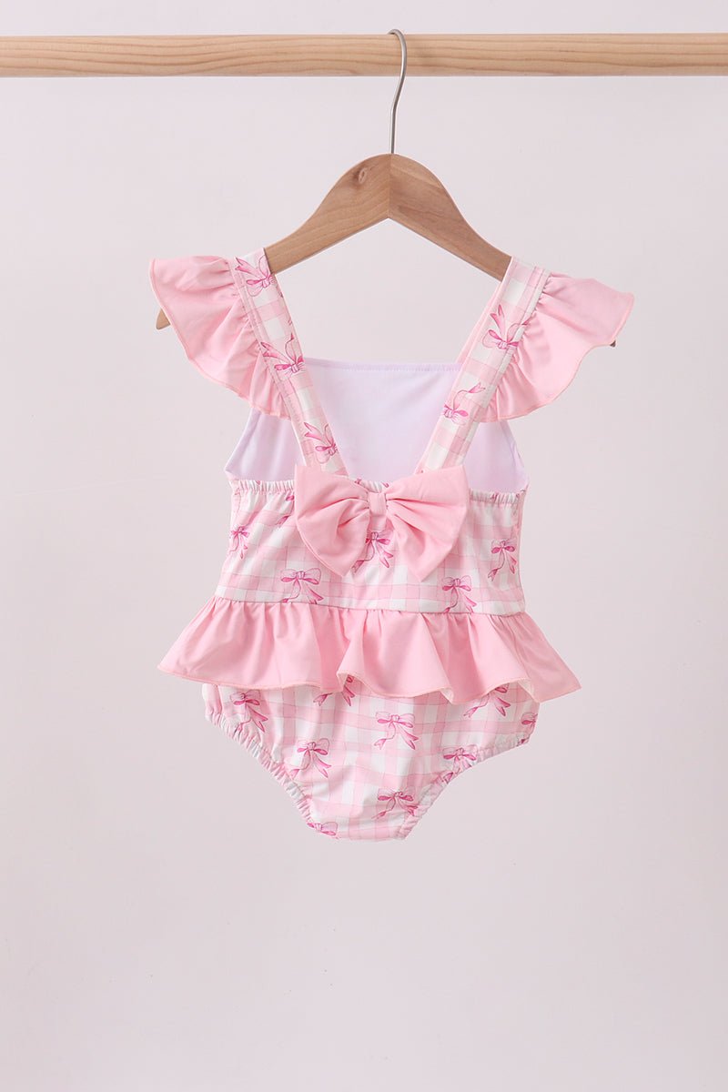 Pink bow print ruffle one-piece swimsuit - Abbies Place