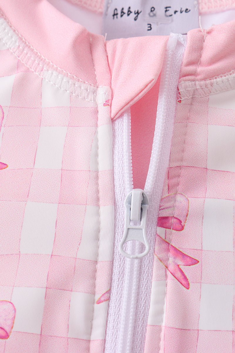 Pink bow print ruffle zipper 2pc swimsuit - Abbies Place