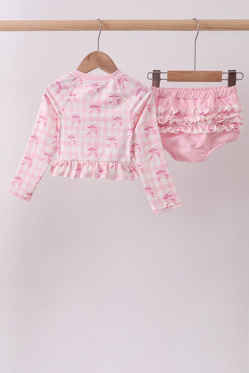 Pink bow print ruffle zipper 2pc swimsuit - Abbies Place