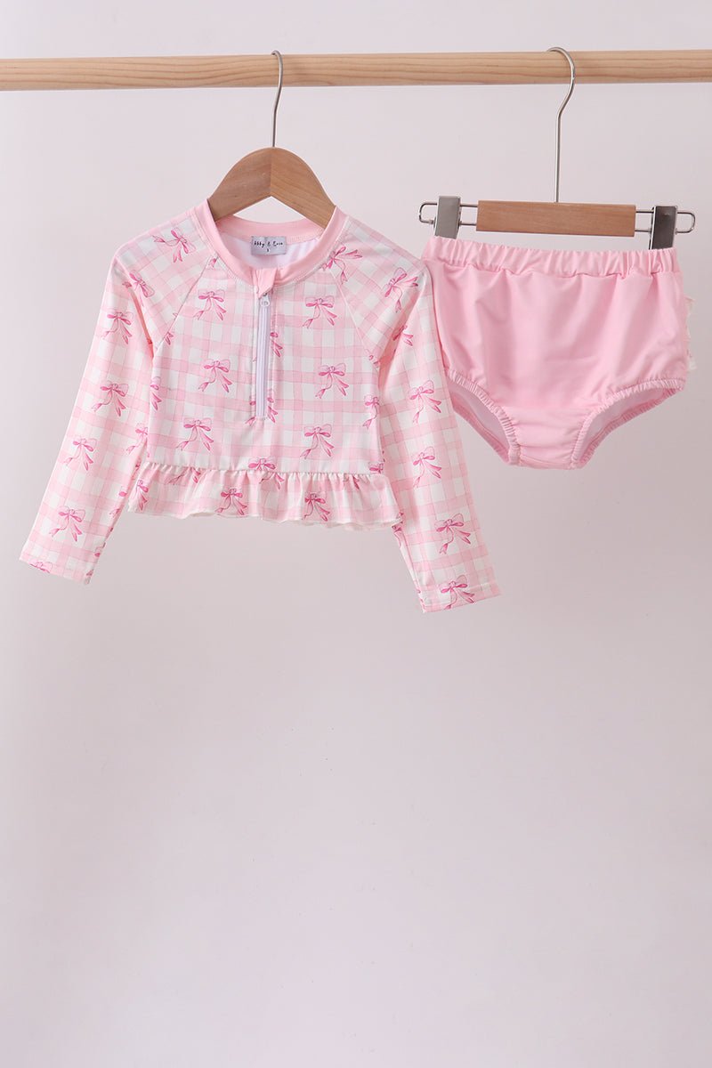 Pink bow print ruffle zipper 2pc swimsuit - Abbies Place