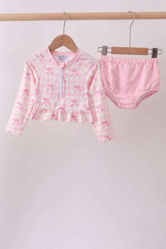 Pink bow print ruffle zipper 2pc swimsuit - Abbies Place