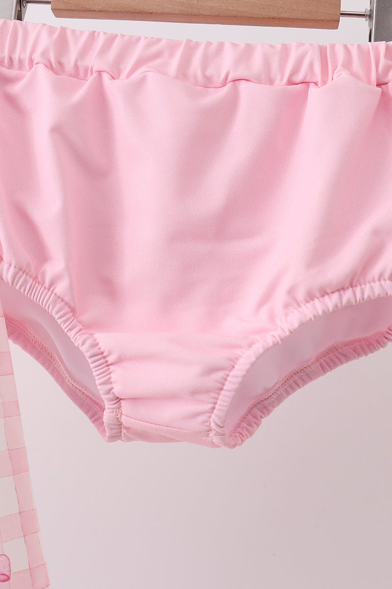 Pink bow print ruffle zipper 2pc swimsuit - Abbies Place