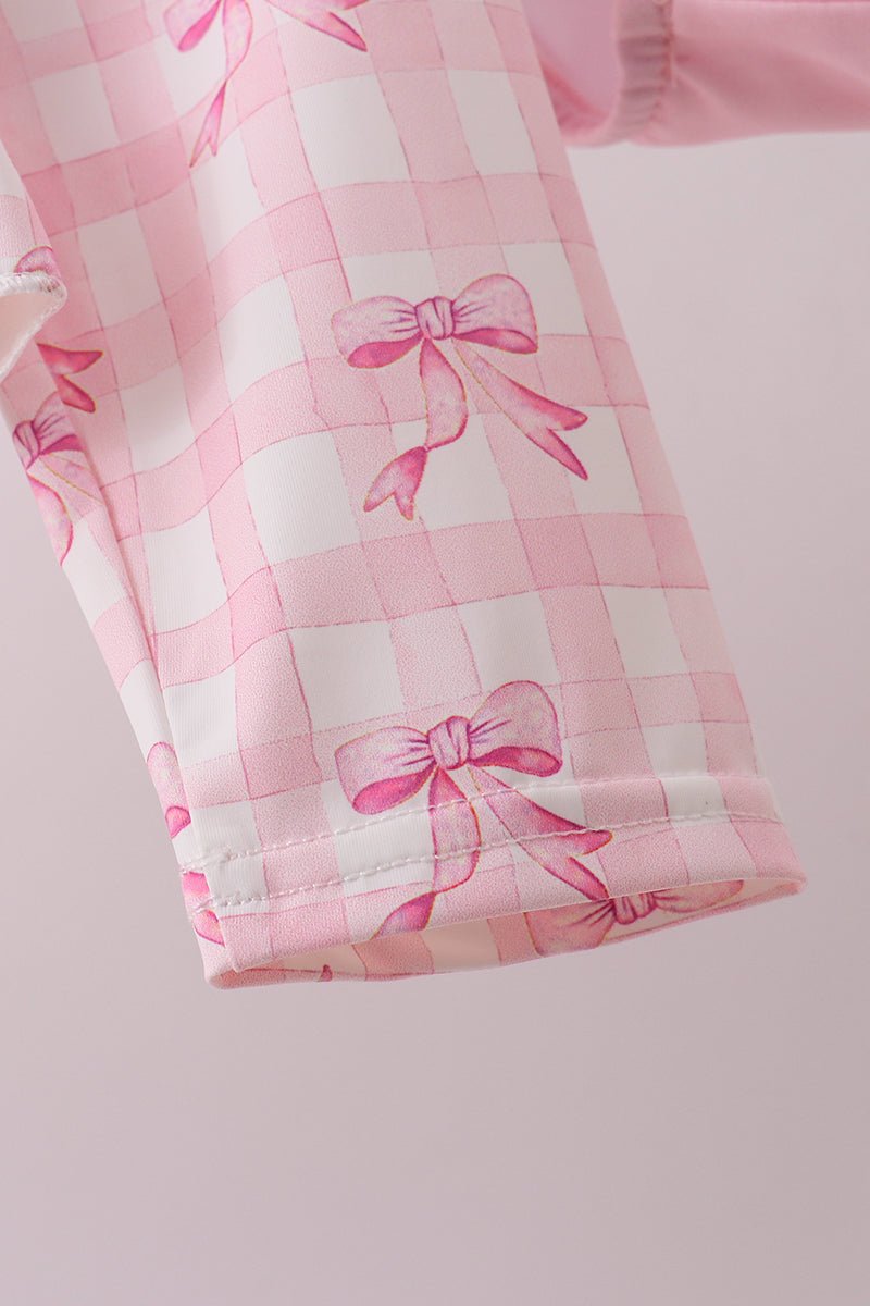 Pink bow print ruffle zipper 2pc swimsuit - Abbies Place