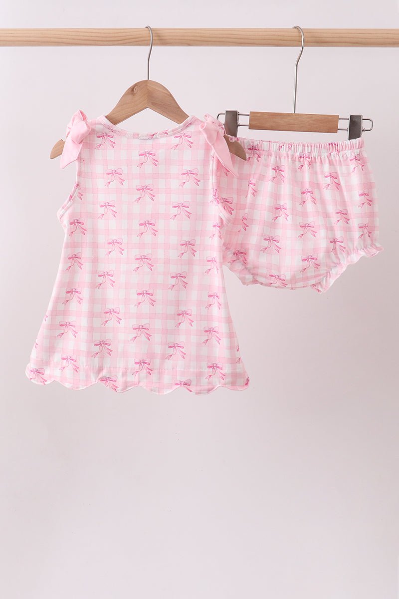 Pink bow print scalloped bloomer set - Abbies Place