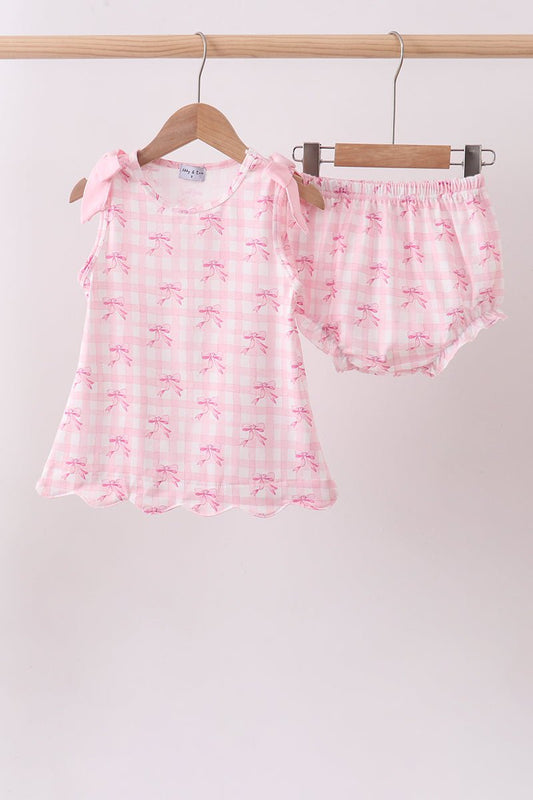 Pink bow print scalloped bloomer set - Abbies Place
