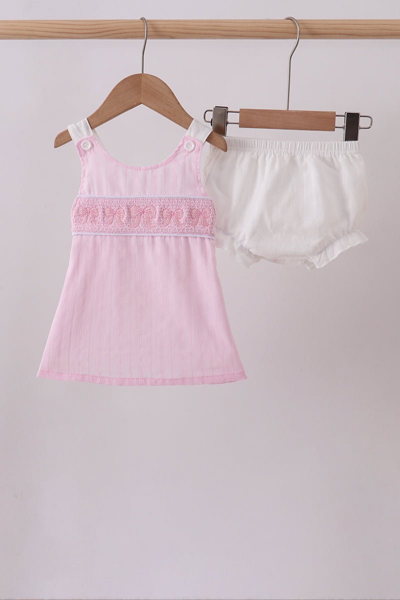 Pink bow smocked bloomer set - Abbies Place