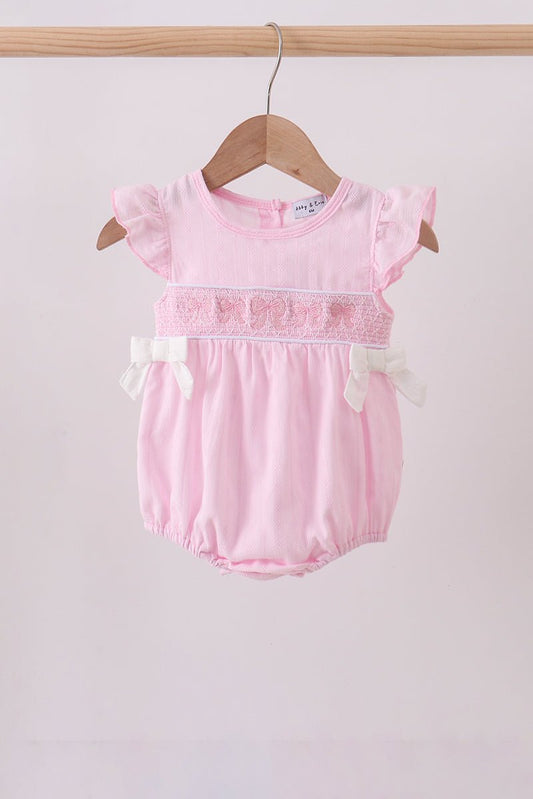 Pink bow smocked ruffle bubble - Abbies Place