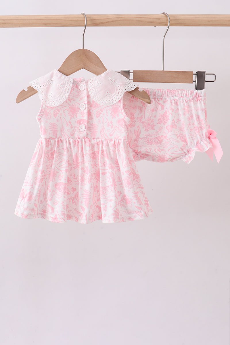 Pink bunny smocked lace collar bow bloomer set - Abbies Place
