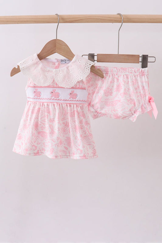 Pink bunny smocked lace collar bow bloomer set - Abbies Place