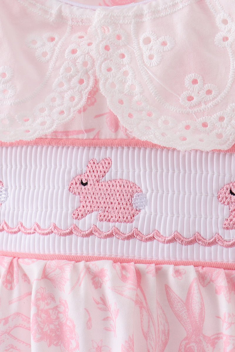 Pink bunny smocked lace collar bow bloomer set - Abbies Place