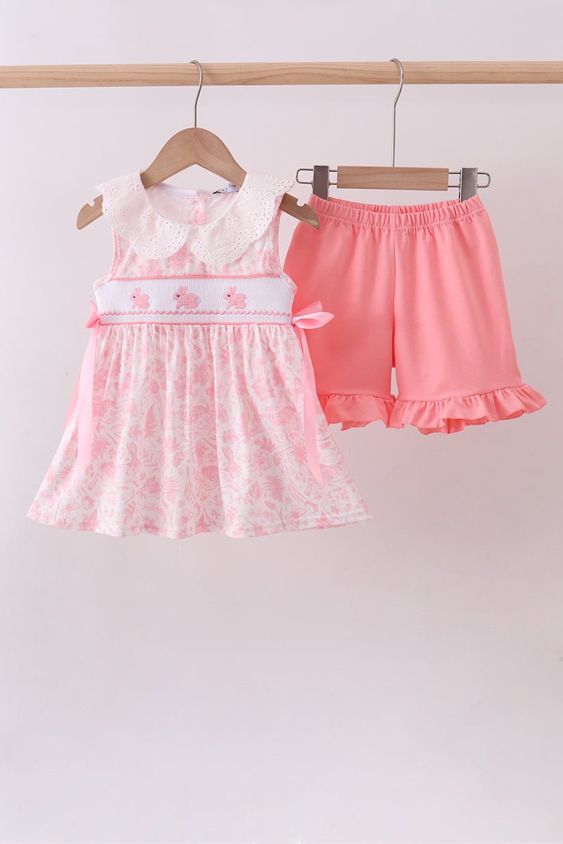 Pink bunny smocked lace collar shorts set - Abbies Place