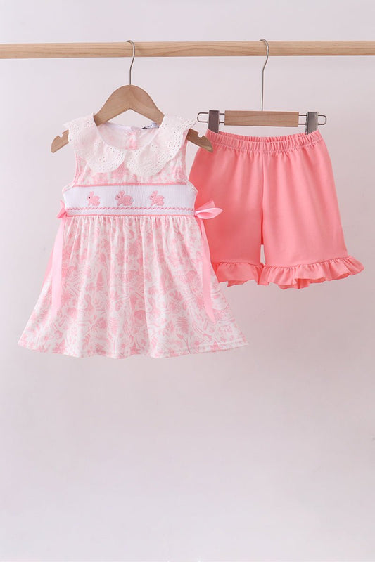 Pink bunny smocked lace collar shorts set - Abbies Place