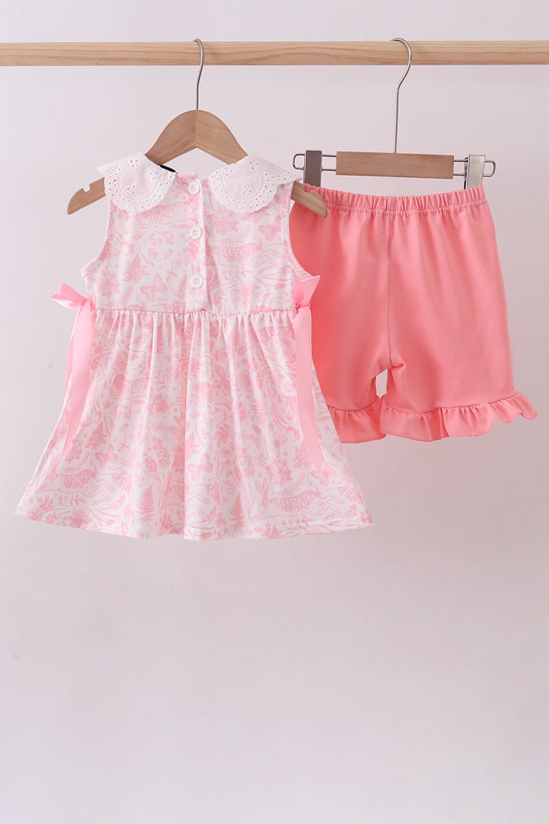 Pink bunny smocked lace collar shorts set - Abbies Place
