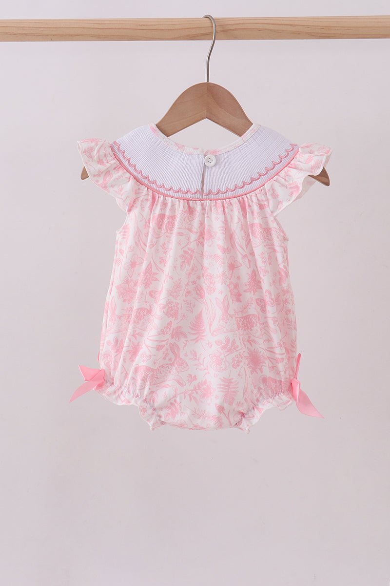 Pink bunny smocked ruffle bow bubble - Abbies Place