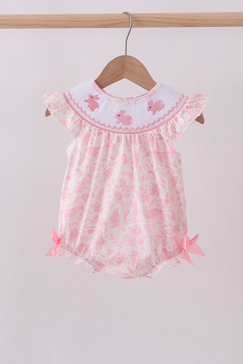 Pink bunny smocked ruffle bow bubble - Abbies Place