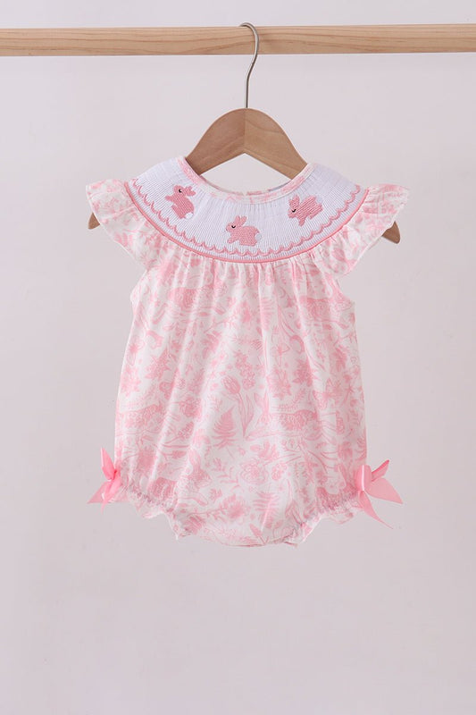 Pink bunny smocked ruffle bow bubble - Abbies Place