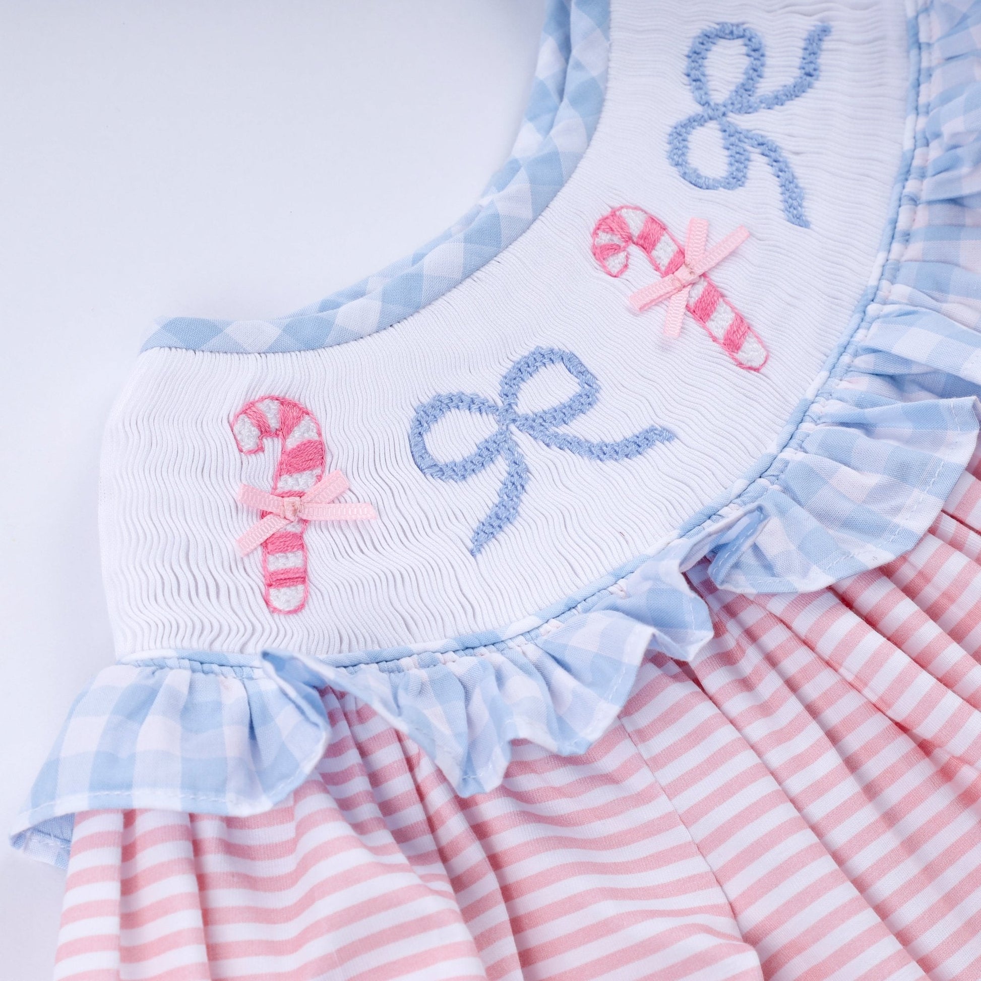 Pink candy cane bow hand smocked ruffle dress - Abbies Place
