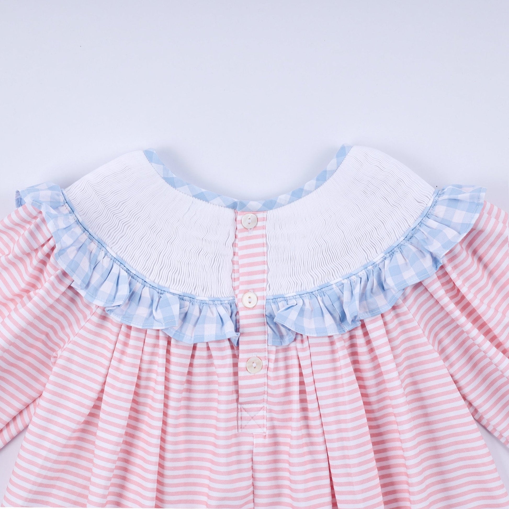 Pink candy cane bow hand smocked ruffle dress - Abbies Place