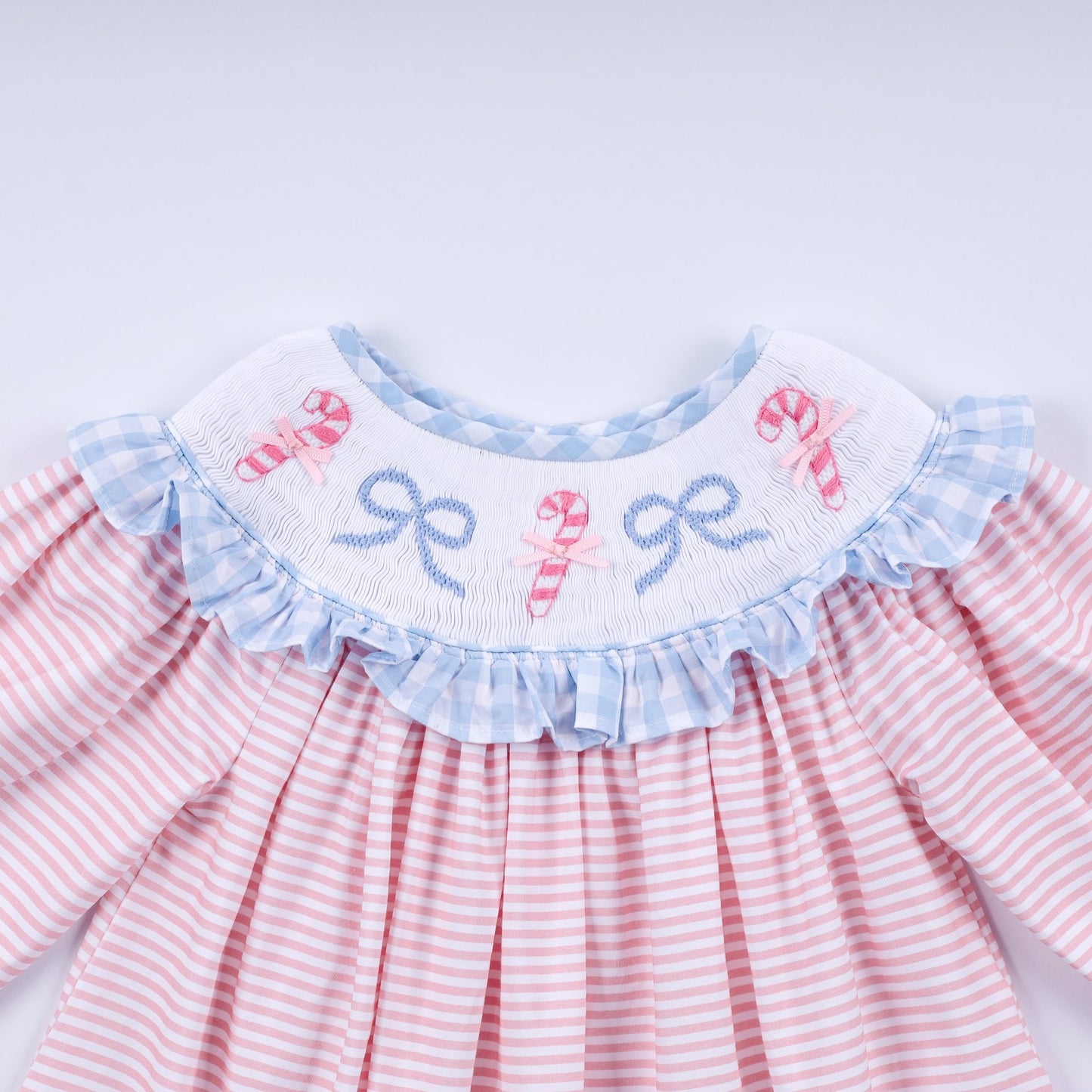 Pink candy cane bow hand smocked ruffle dress - Abbies Place