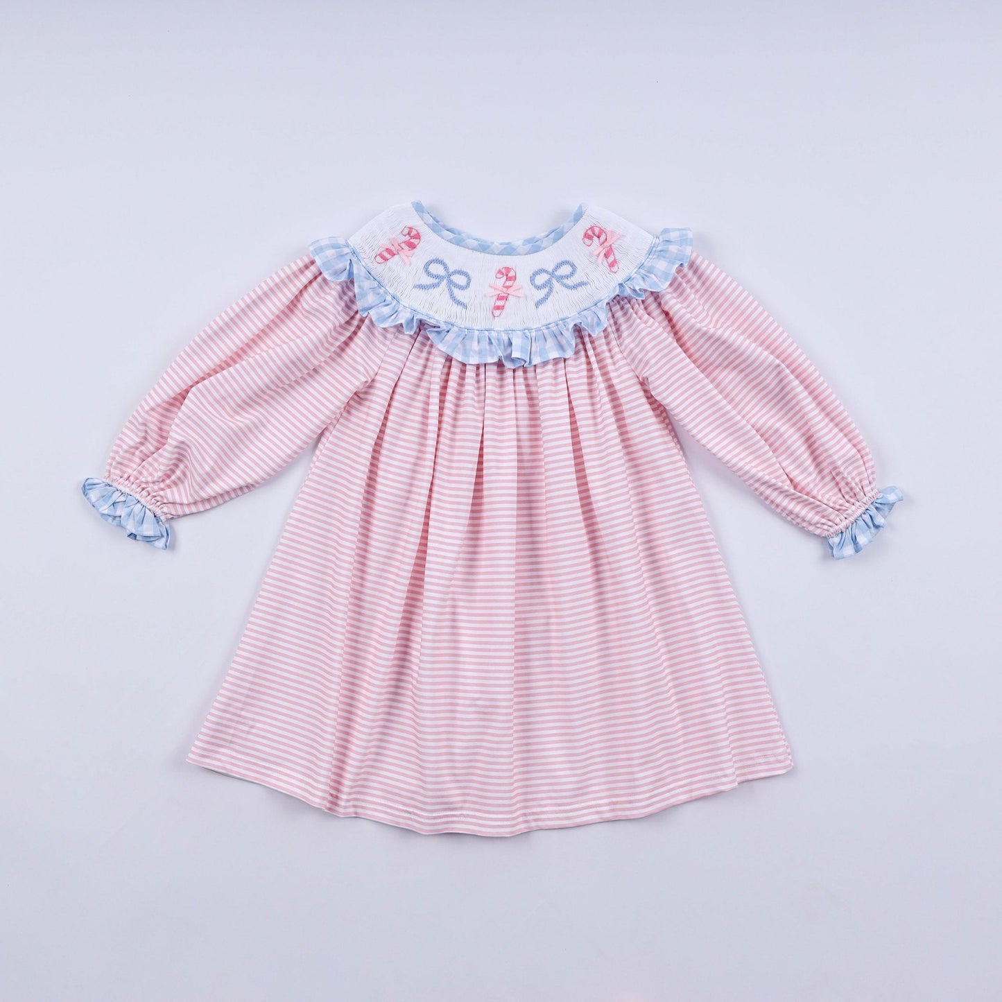 Pink candy cane bow hand smocked ruffle dress - Abbies Place