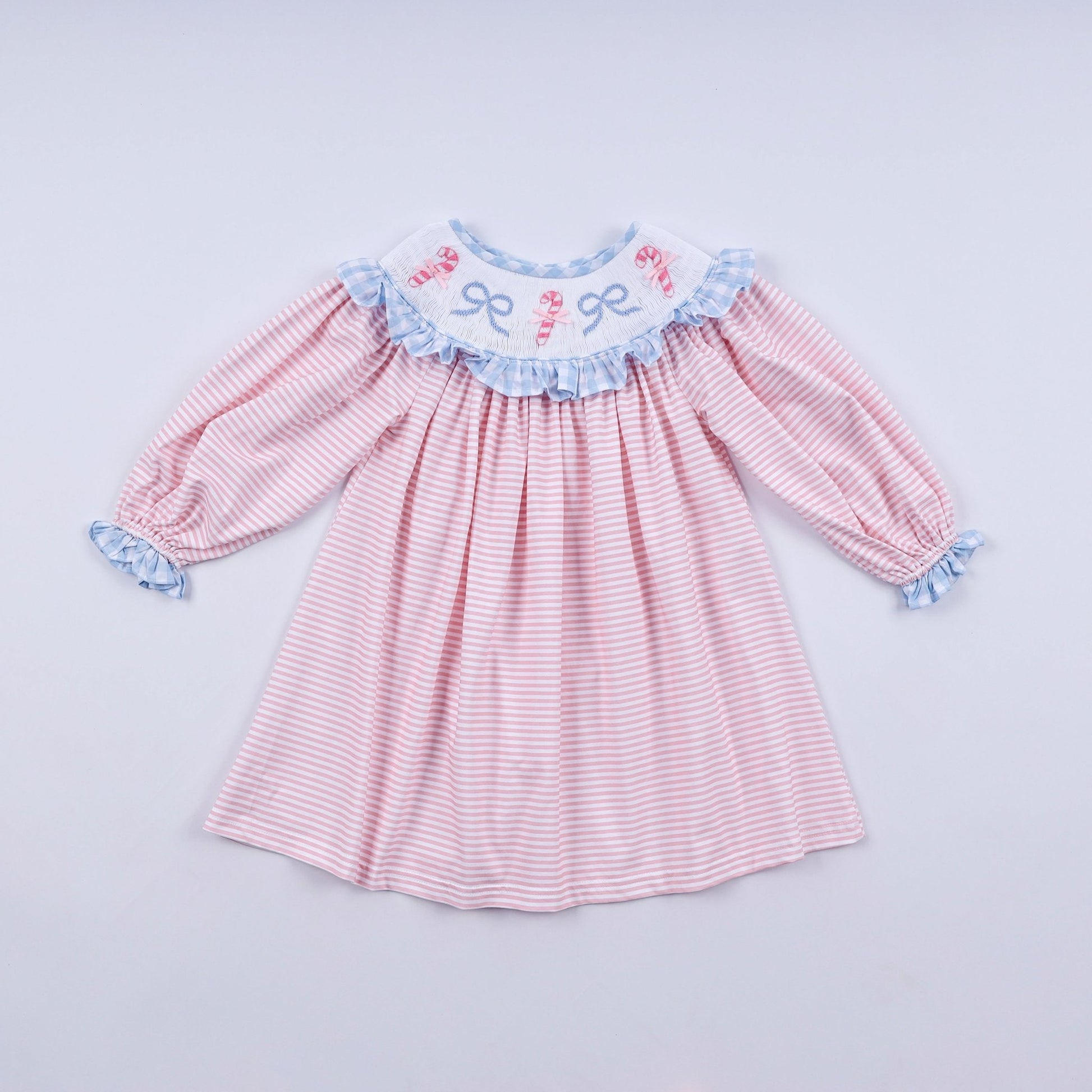 Pink candy cane bow hand smocked ruffle dress - Abbies Place