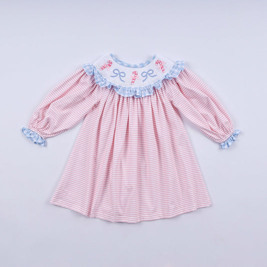 Pink candy cane bow hand smocked ruffle dress - Abbies Place