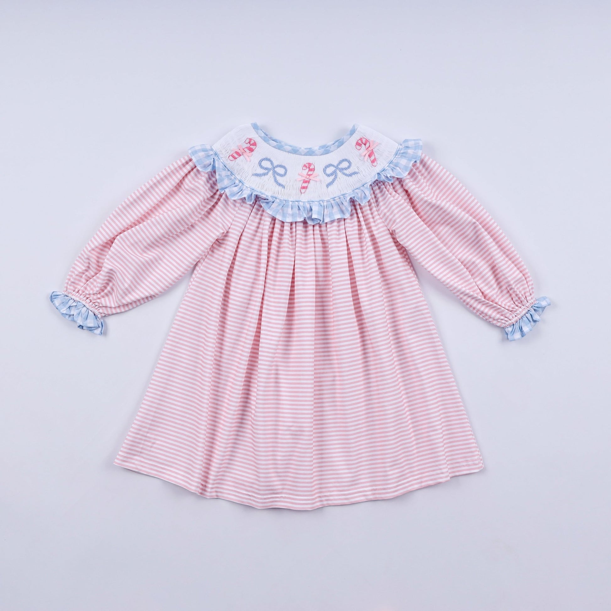 Pink candy cane bow hand smocked ruffle dress - Abbies Place