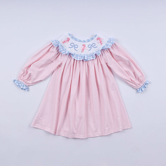 Pink candy cane bow hand smocked ruffle dress - Abbies Place