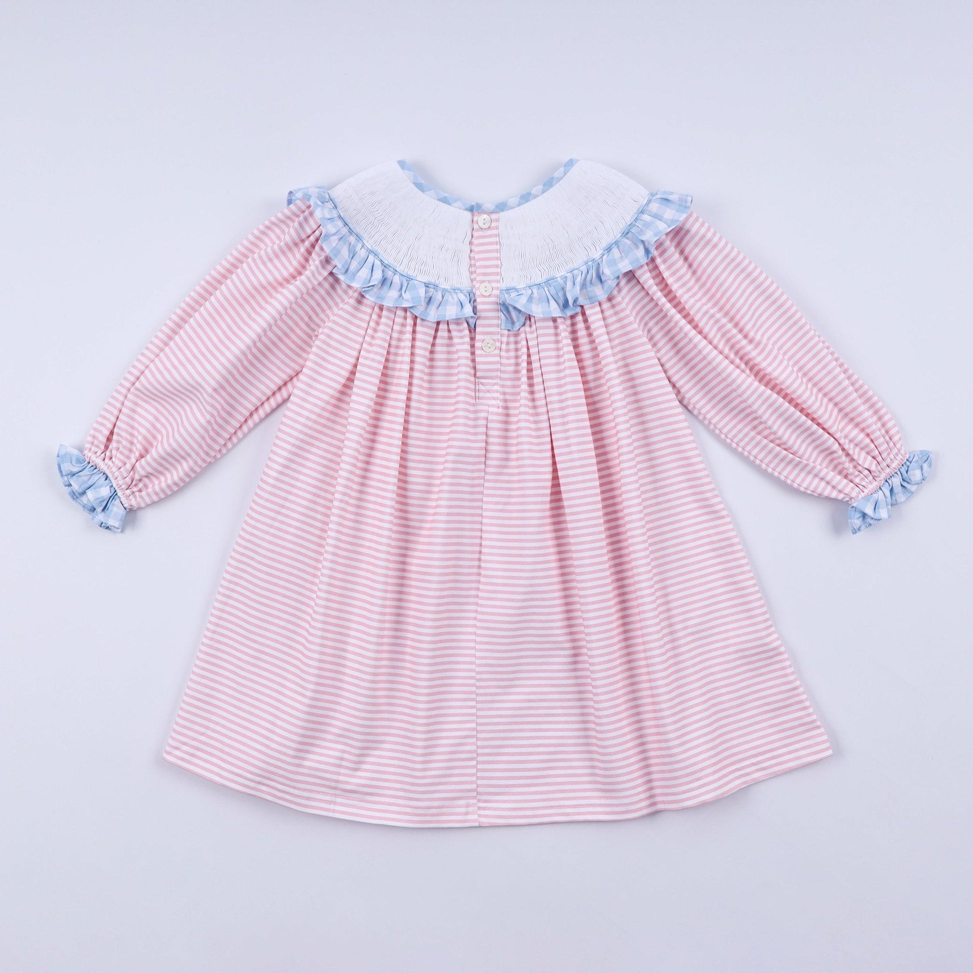 Pink candy cane bow hand smocked ruffle dress - Abbies Place