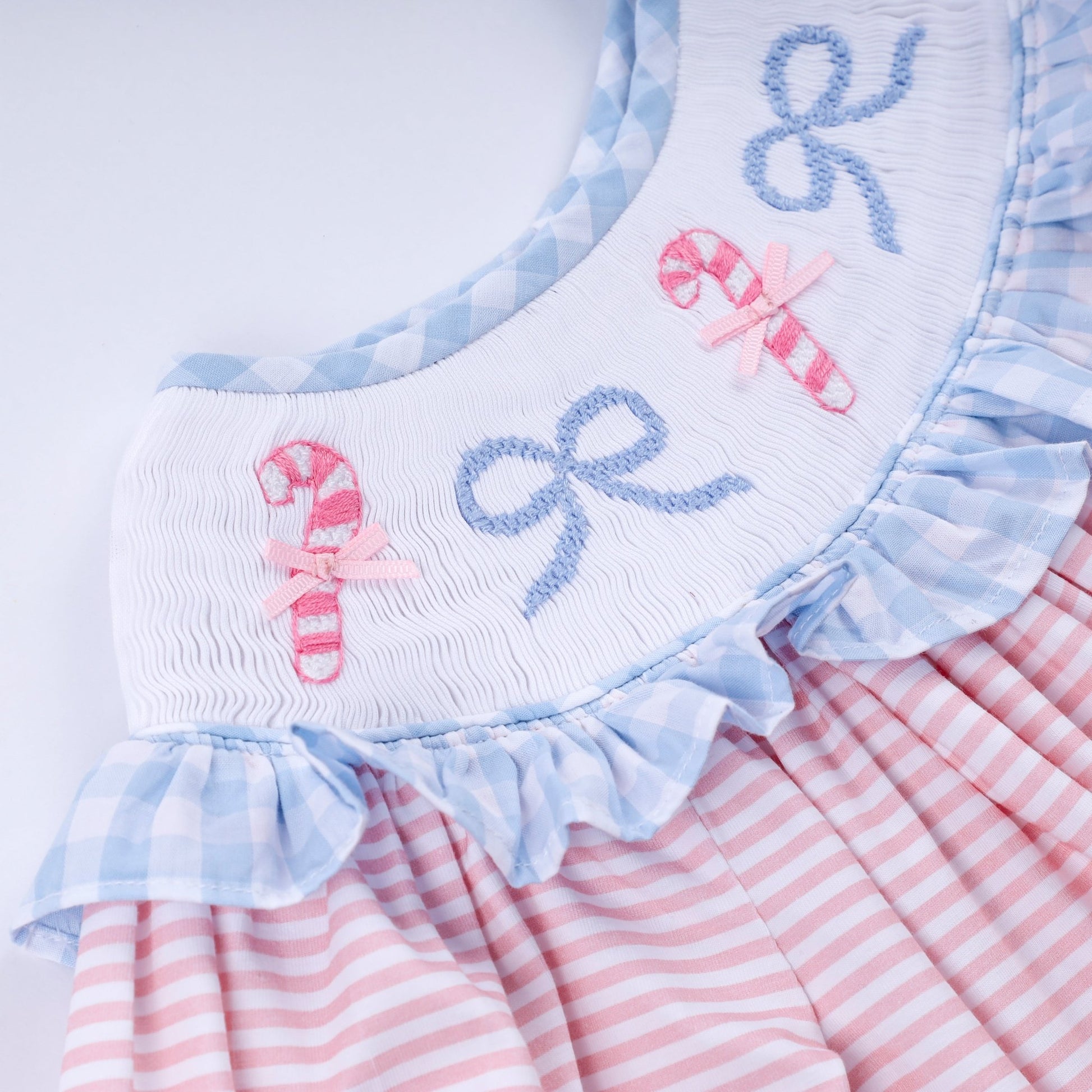 Pink candy cane bow hand smocked ruffle dress - Abbies Place