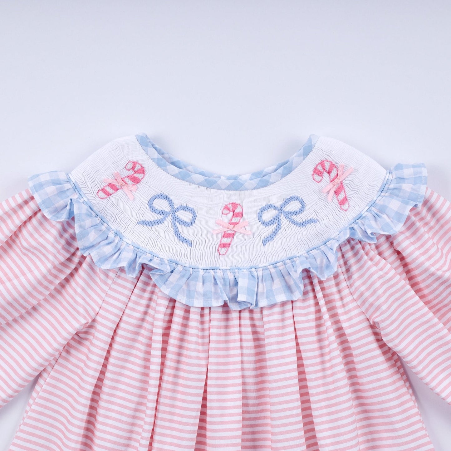Pink candy cane bow hand smocked ruffle dress - Abbies Place