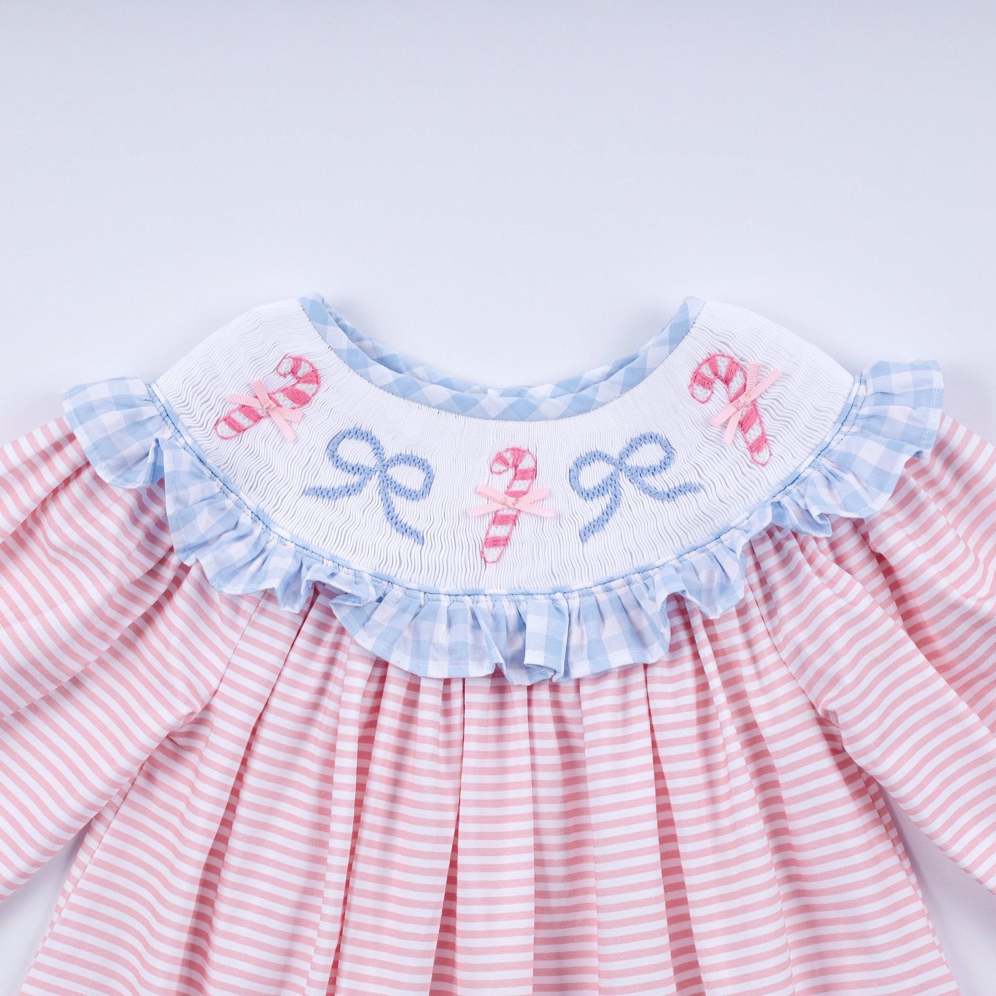 Pink candy cane bow hand smocked ruffle dress - Abbies Place