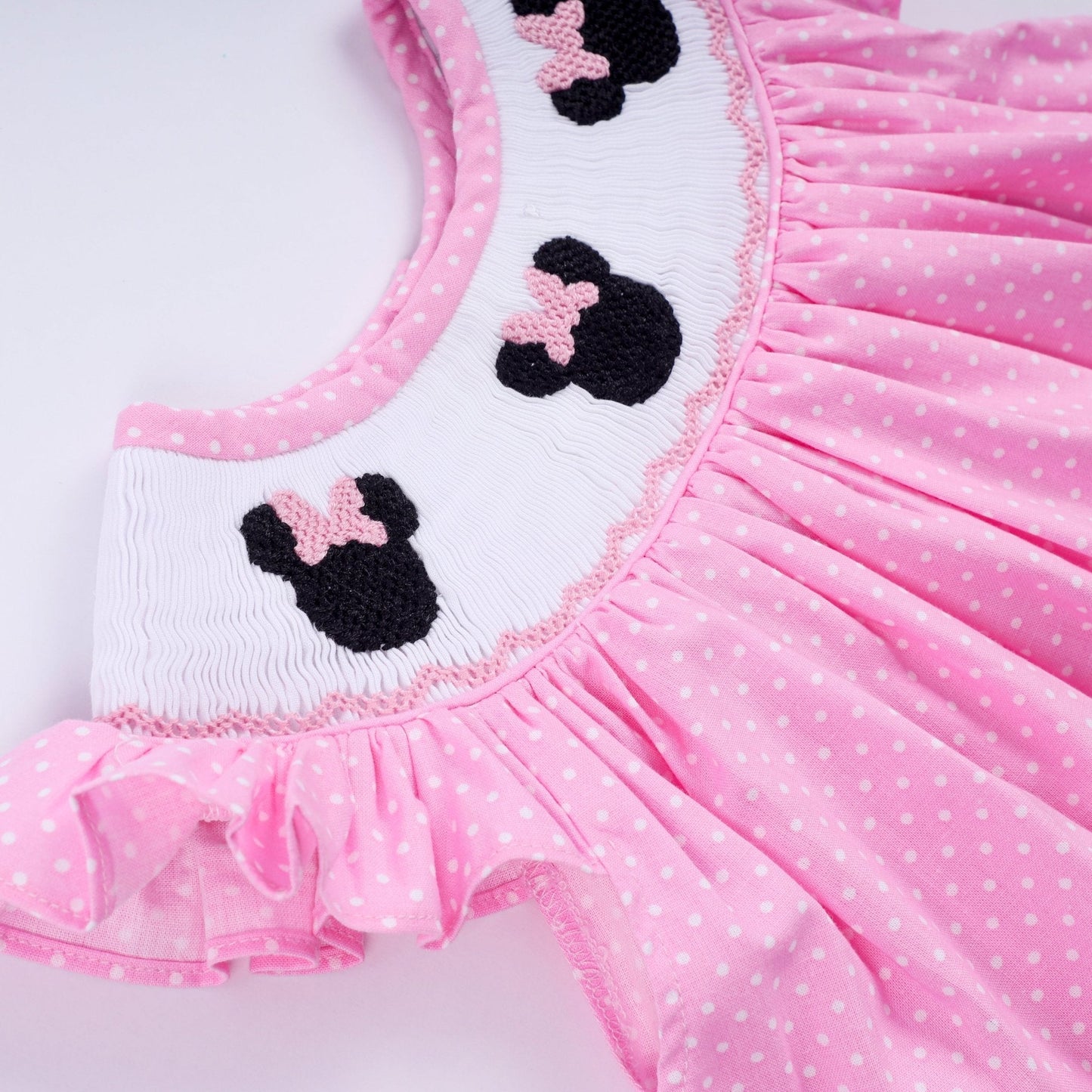Pink character hand smocked dot ruffle bloomer set - Abbies Place