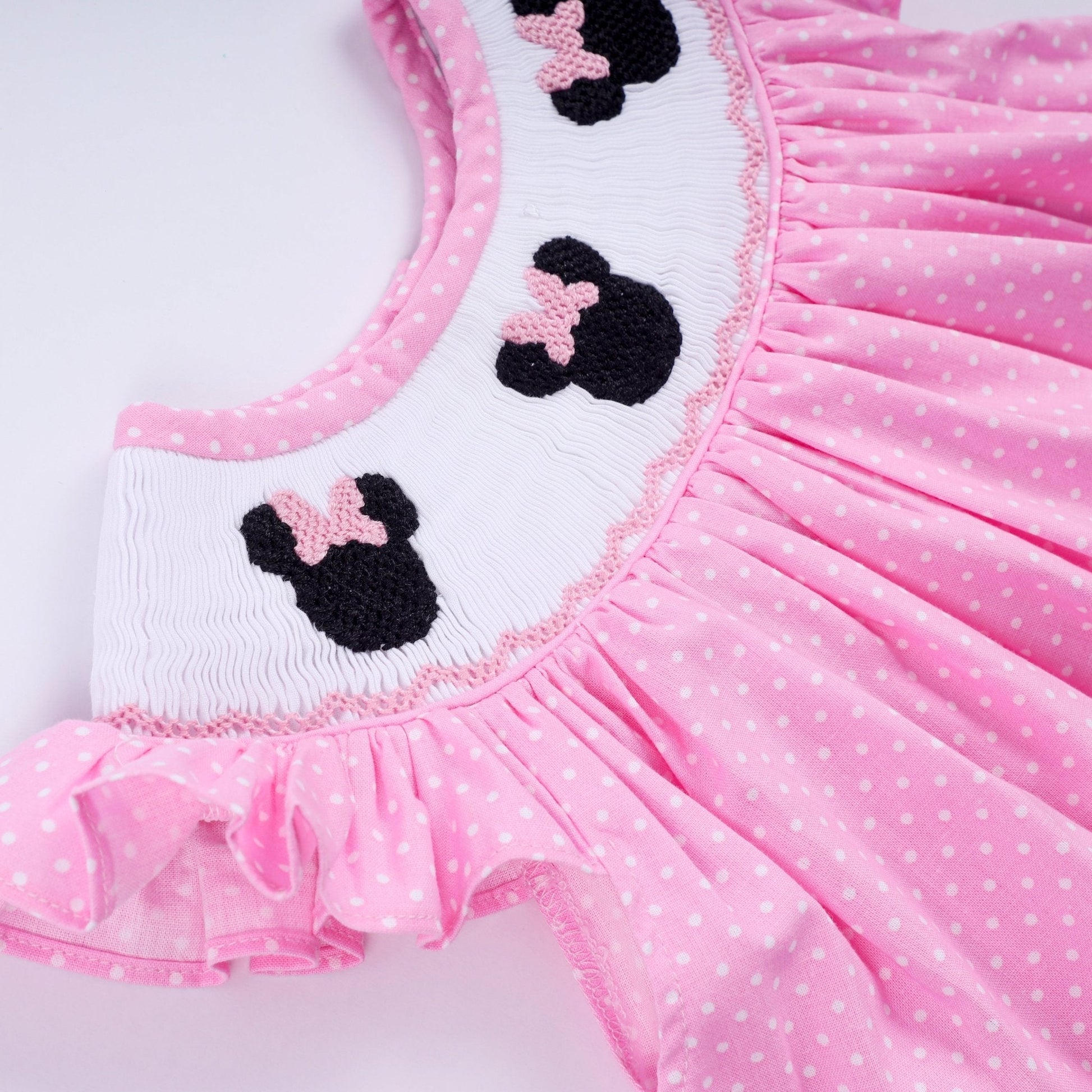 Pink character hand smocked dot ruffle bloomer set - Abbies Place