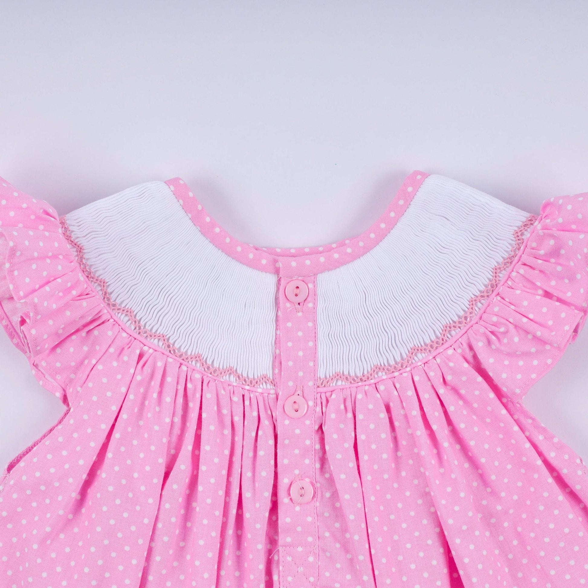 Pink character hand smocked dot ruffle bloomer set - Abbies Place