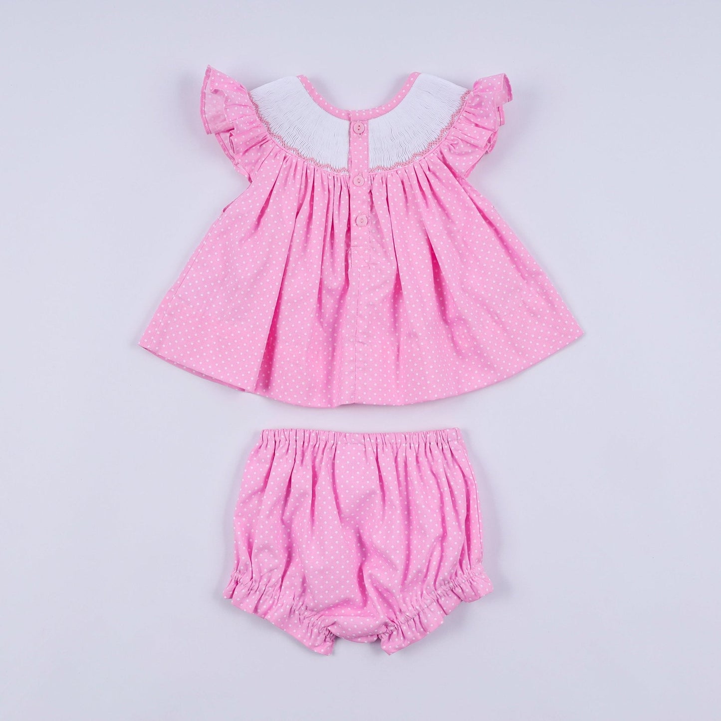 Pink character hand smocked dot ruffle bloomer set - Abbies Place