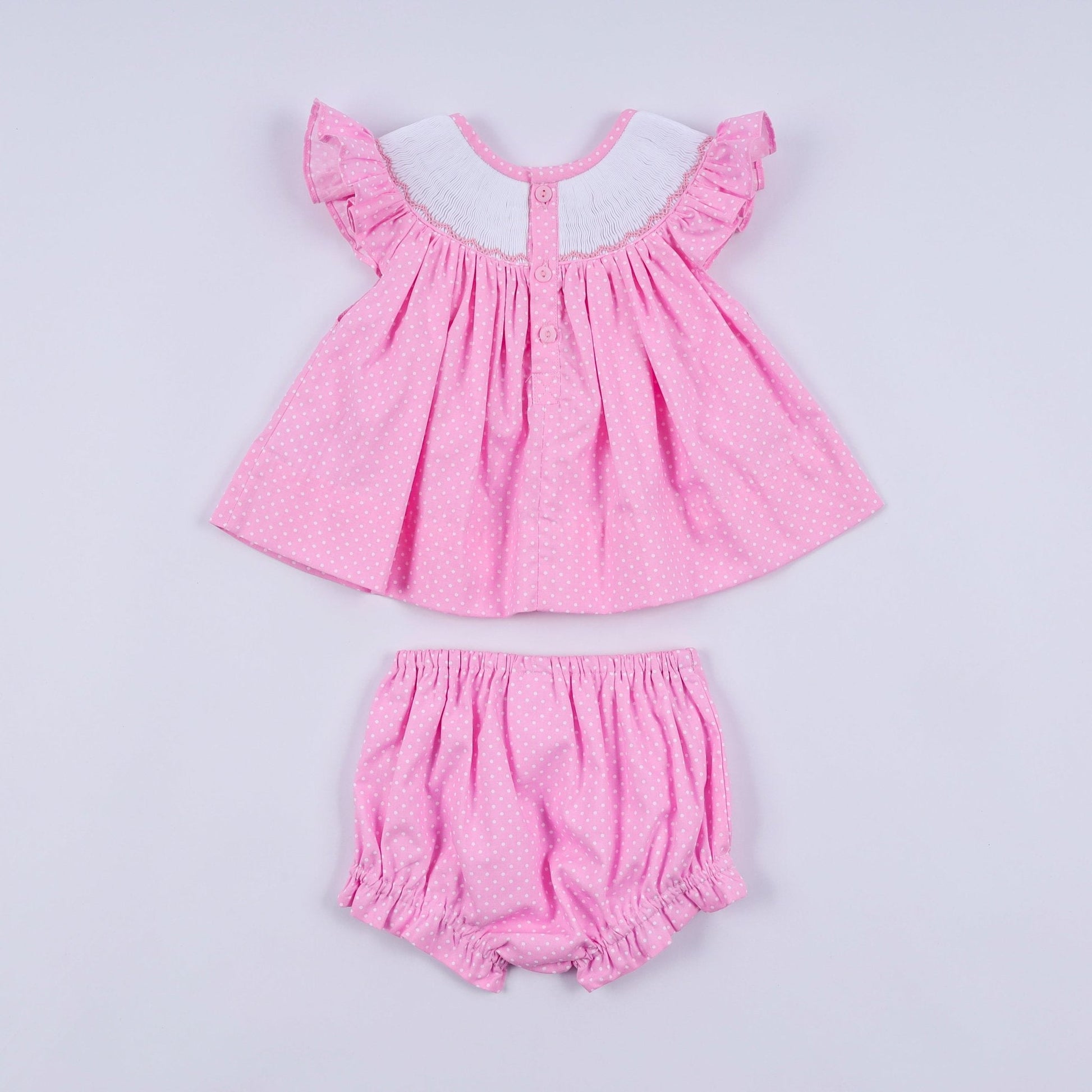 Pink character hand smocked dot ruffle bloomer set - Abbies Place