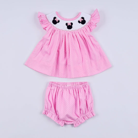 Pink character hand smocked dot ruffle bloomer set - Abbies Place
