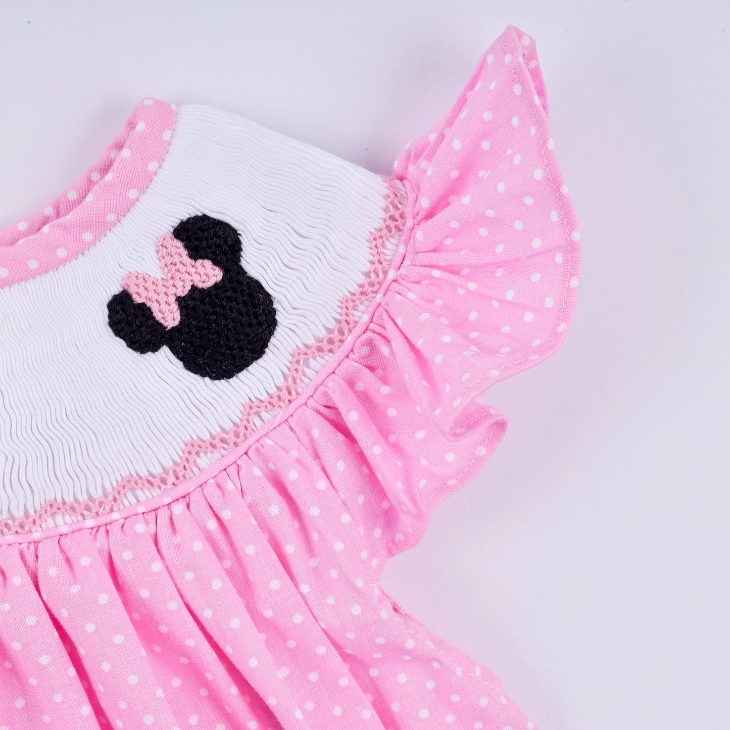 Pink character hand smocked dot ruffle bloomer set - Abbies Place