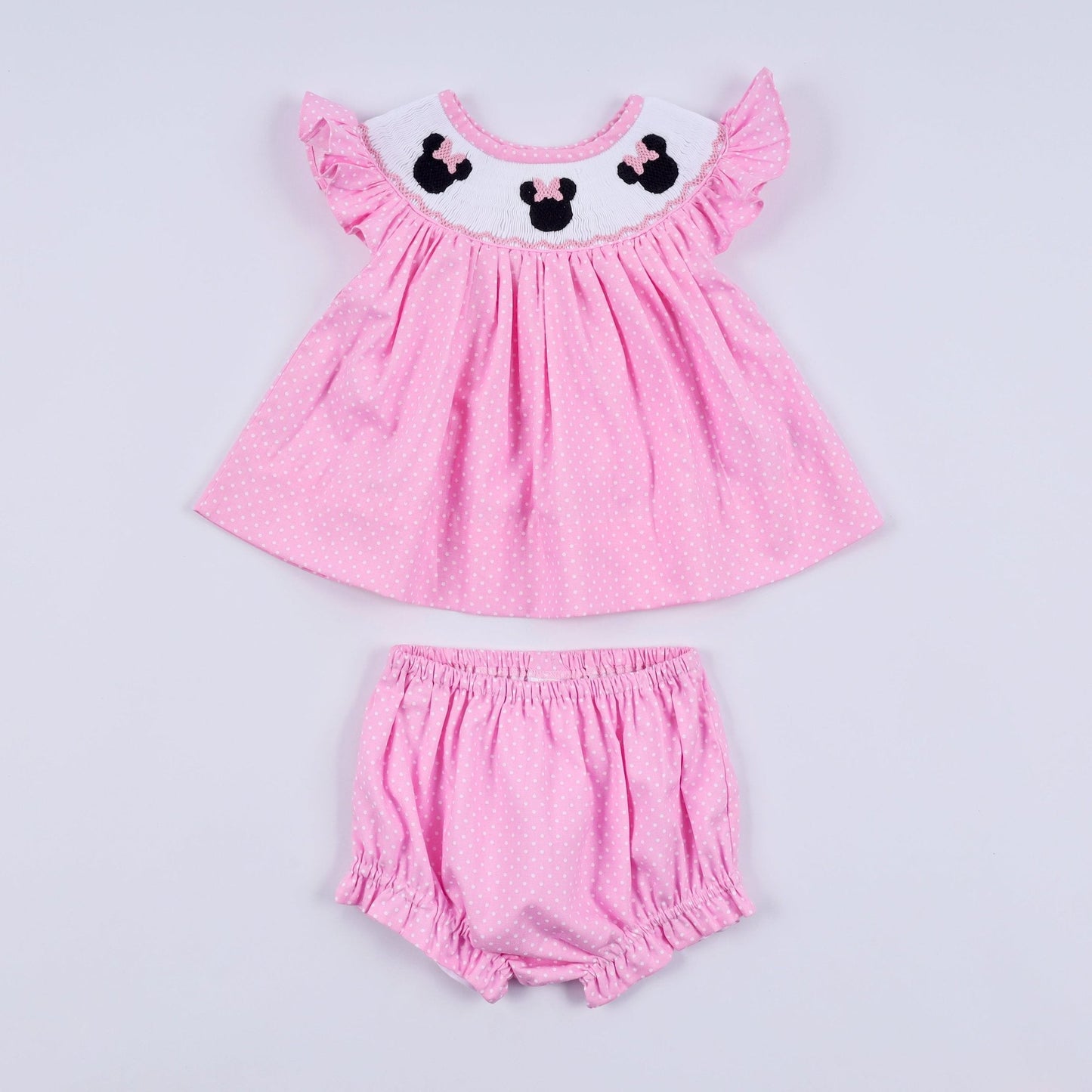 Pink character hand smocked dot ruffle bloomer set - Abbies Place