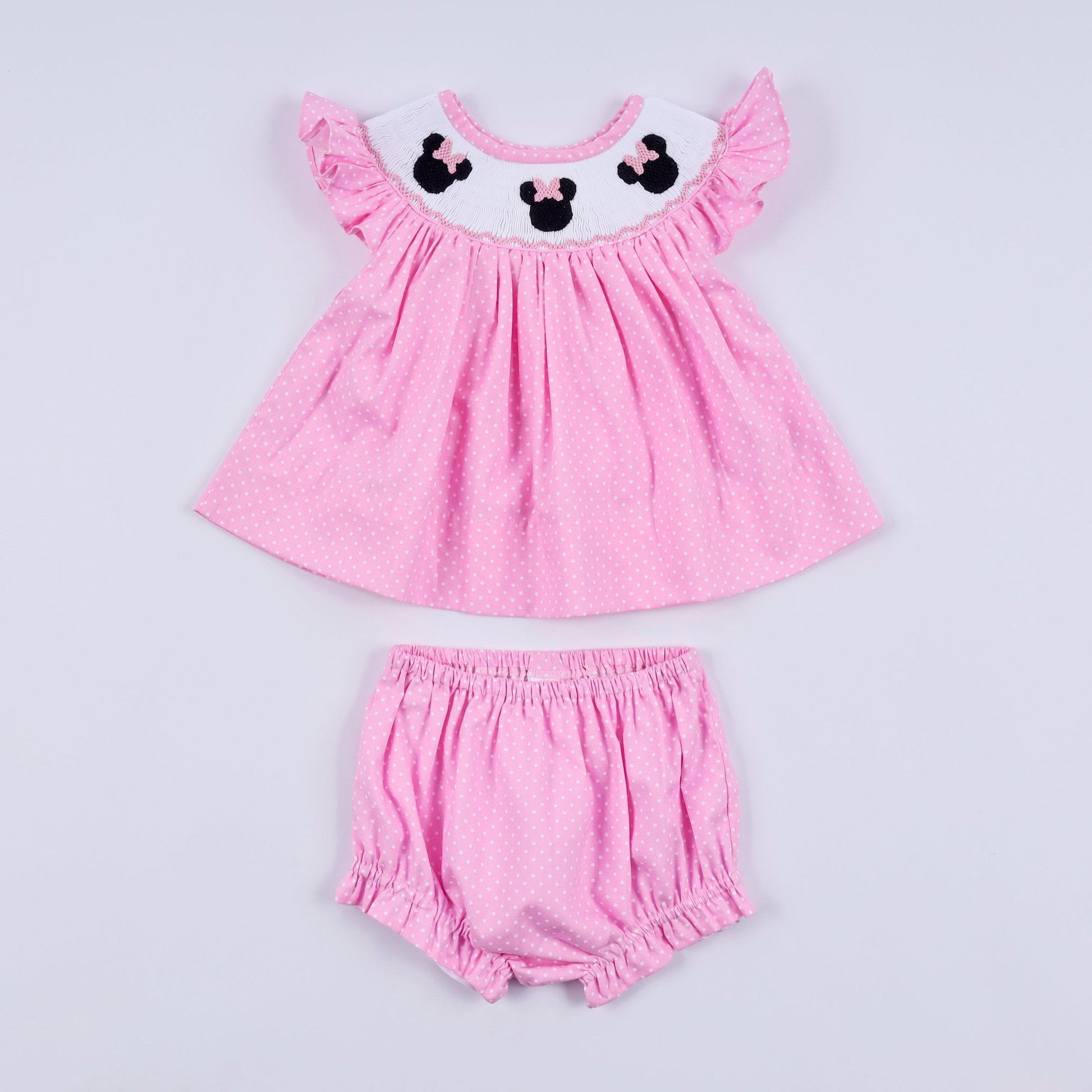 Pink character hand smocked dot ruffle bloomer set - Abbies Place