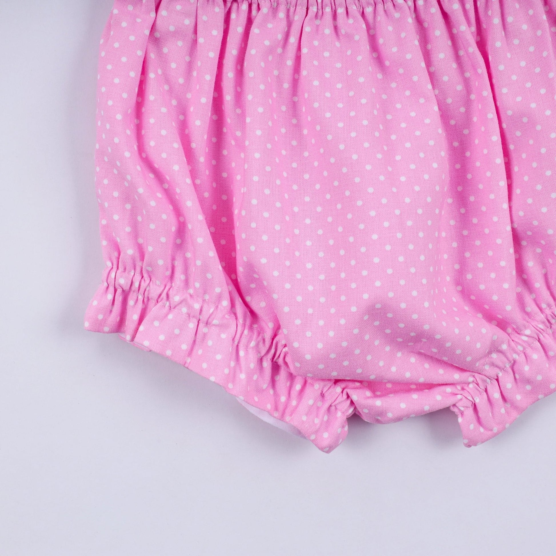Pink character hand smocked dot ruffle bloomer set - Abbies Place