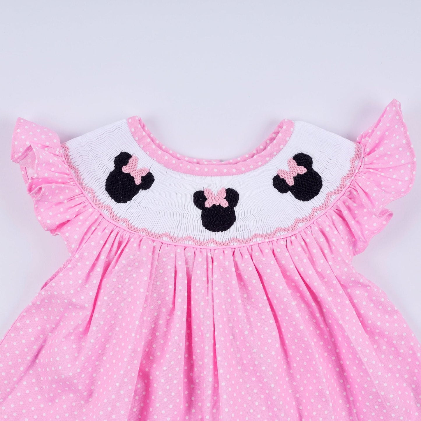 Pink character hand smocked dot ruffle bloomer set - Abbies Place