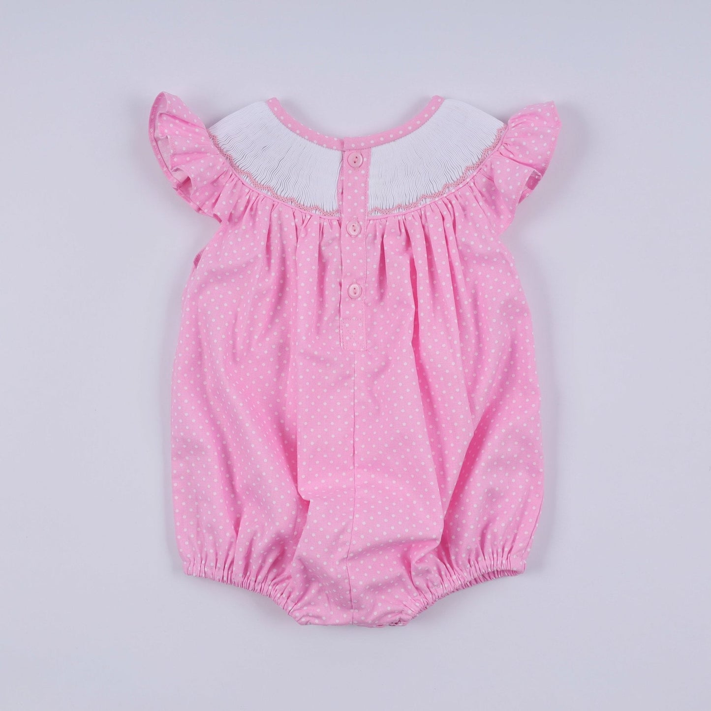 Pink character hand smocked dot ruffle bubble - Abbies Place