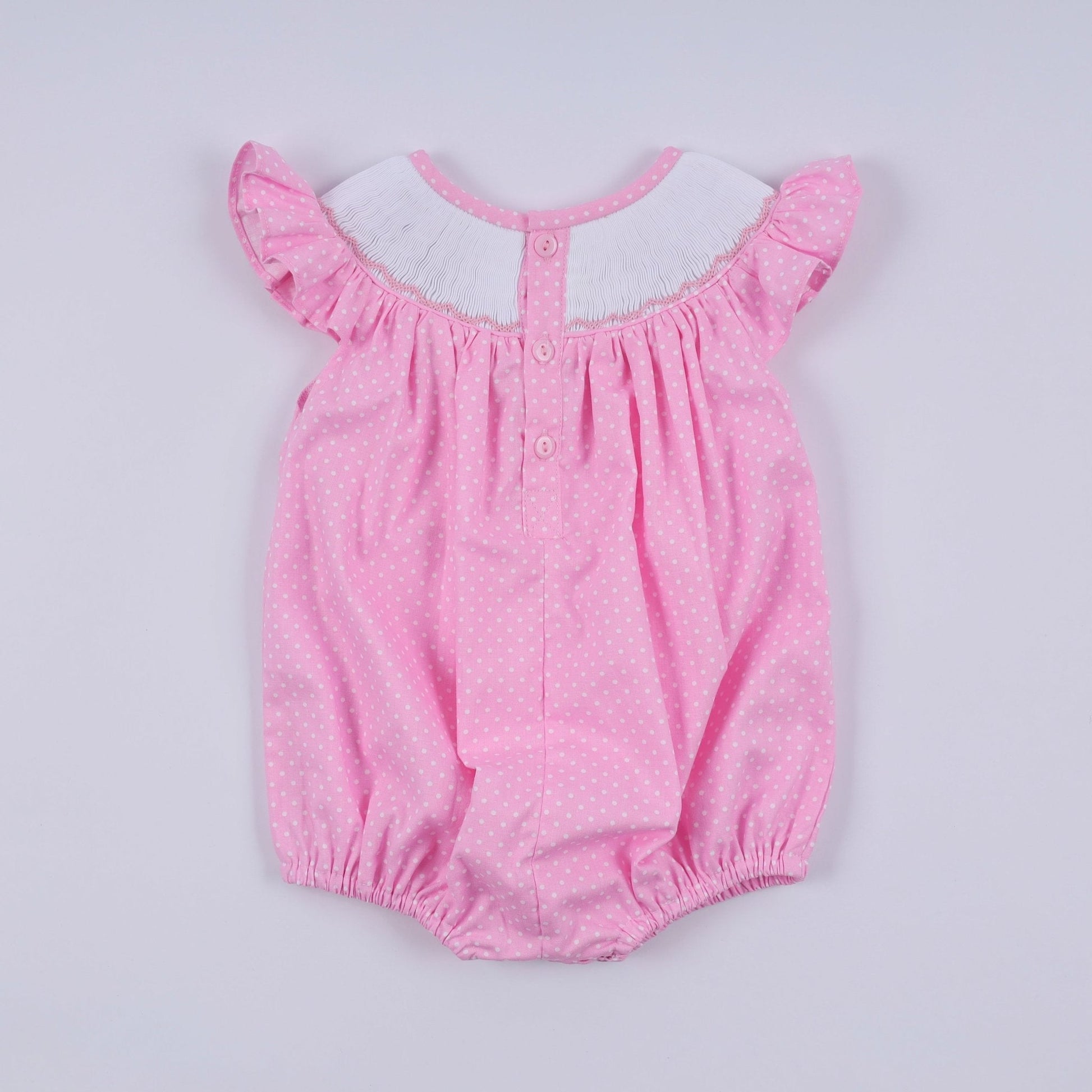 Pink character hand smocked dot ruffle bubble - Abbies Place
