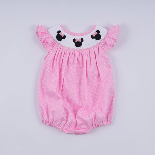 Pink character hand smocked dot ruffle bubble - Abbies Place