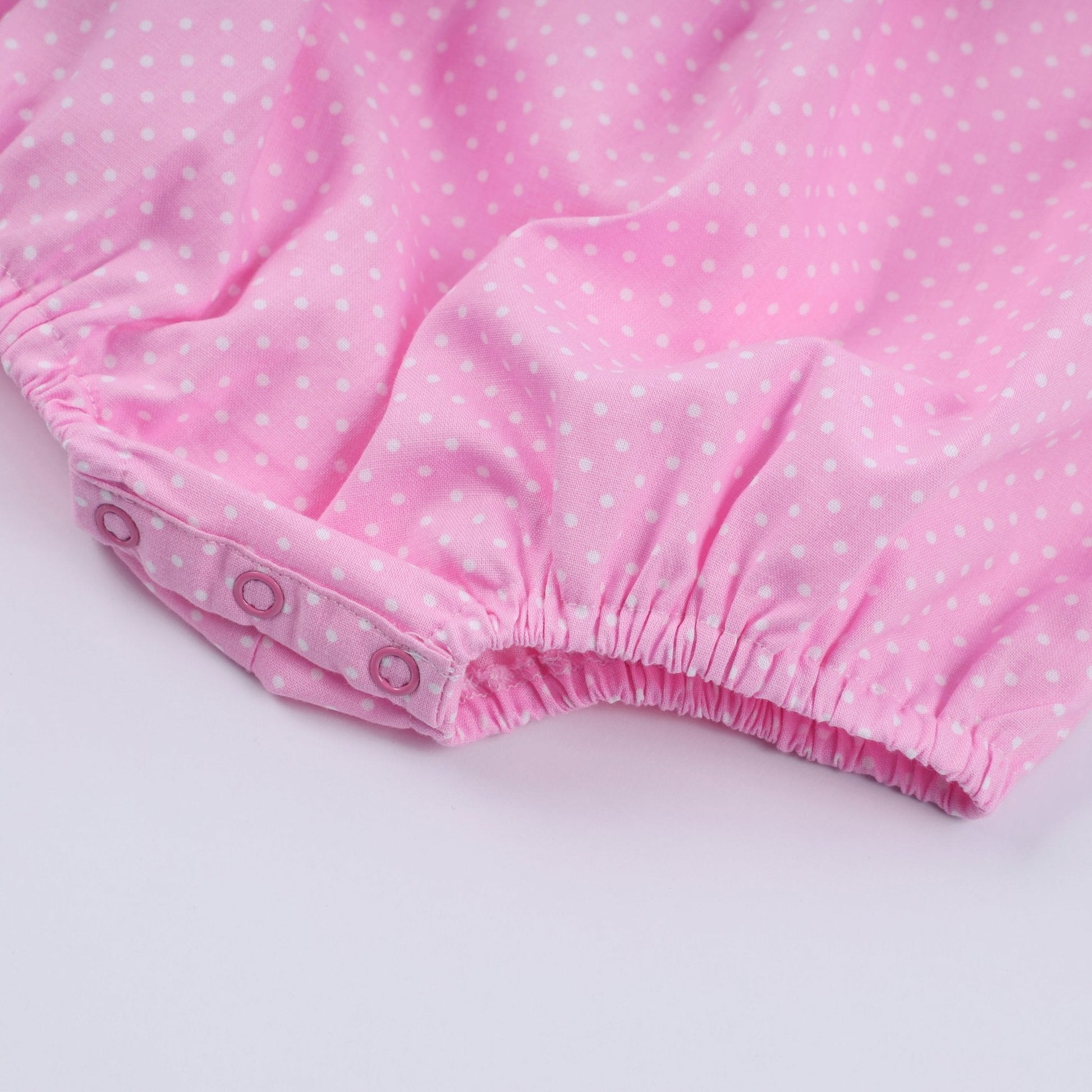 Pink character hand smocked dot ruffle bubble - Abbies Place