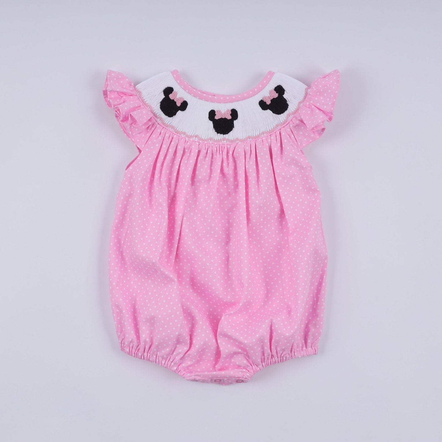 Pink character hand smocked dot ruffle bubble - Abbies Place