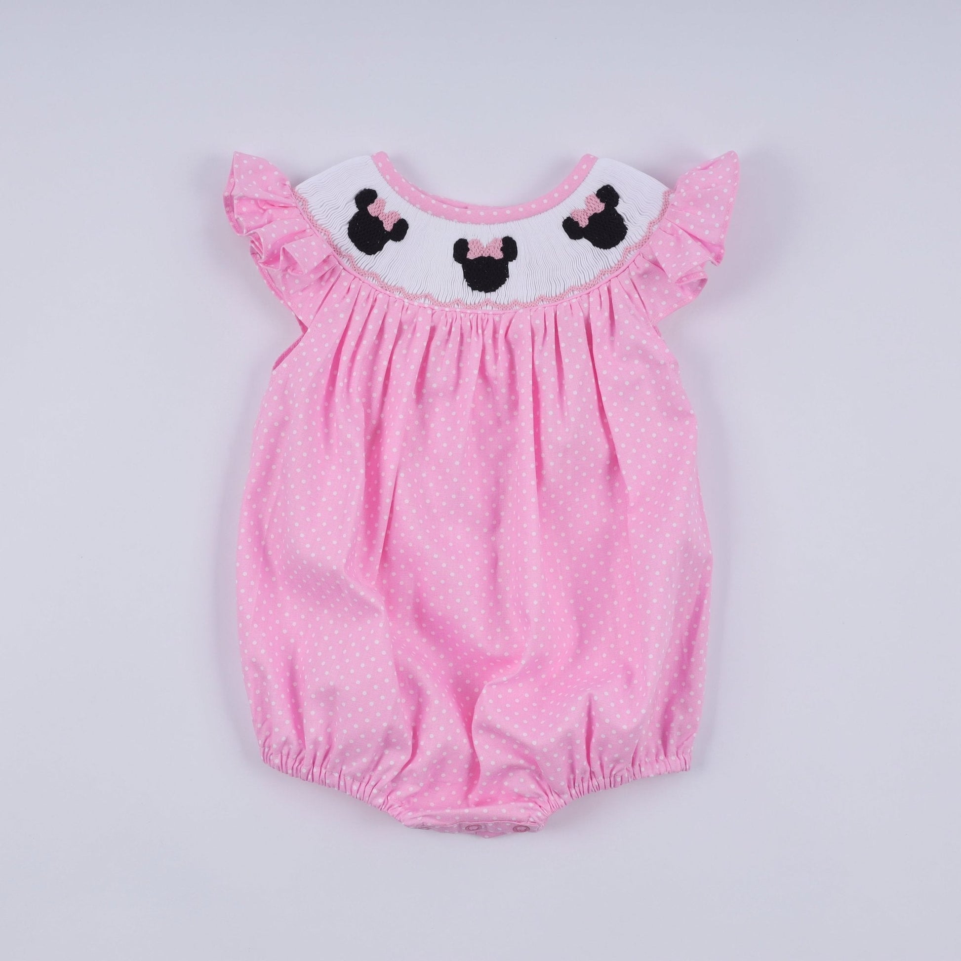 Pink character hand smocked dot ruffle bubble - Abbies Place