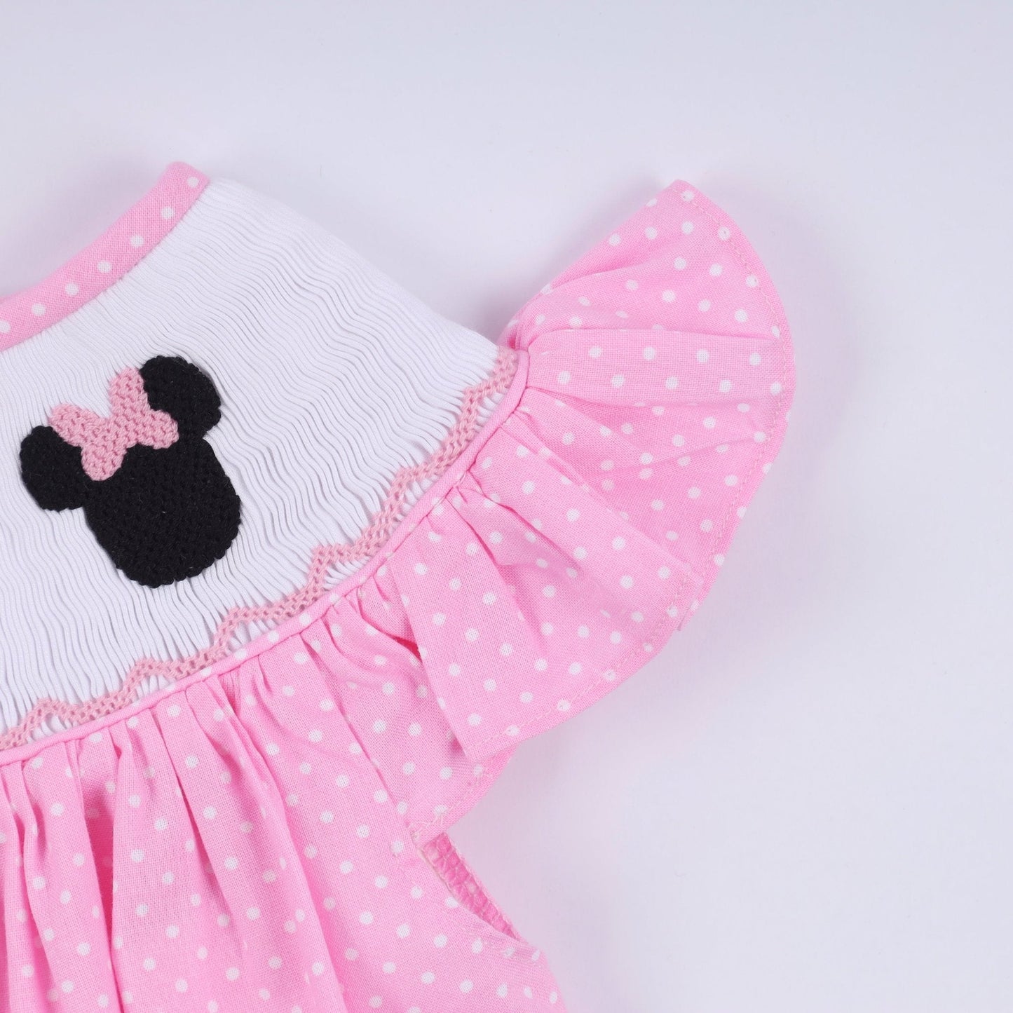 Pink character hand smocked dot ruffle dress - Abbies Place